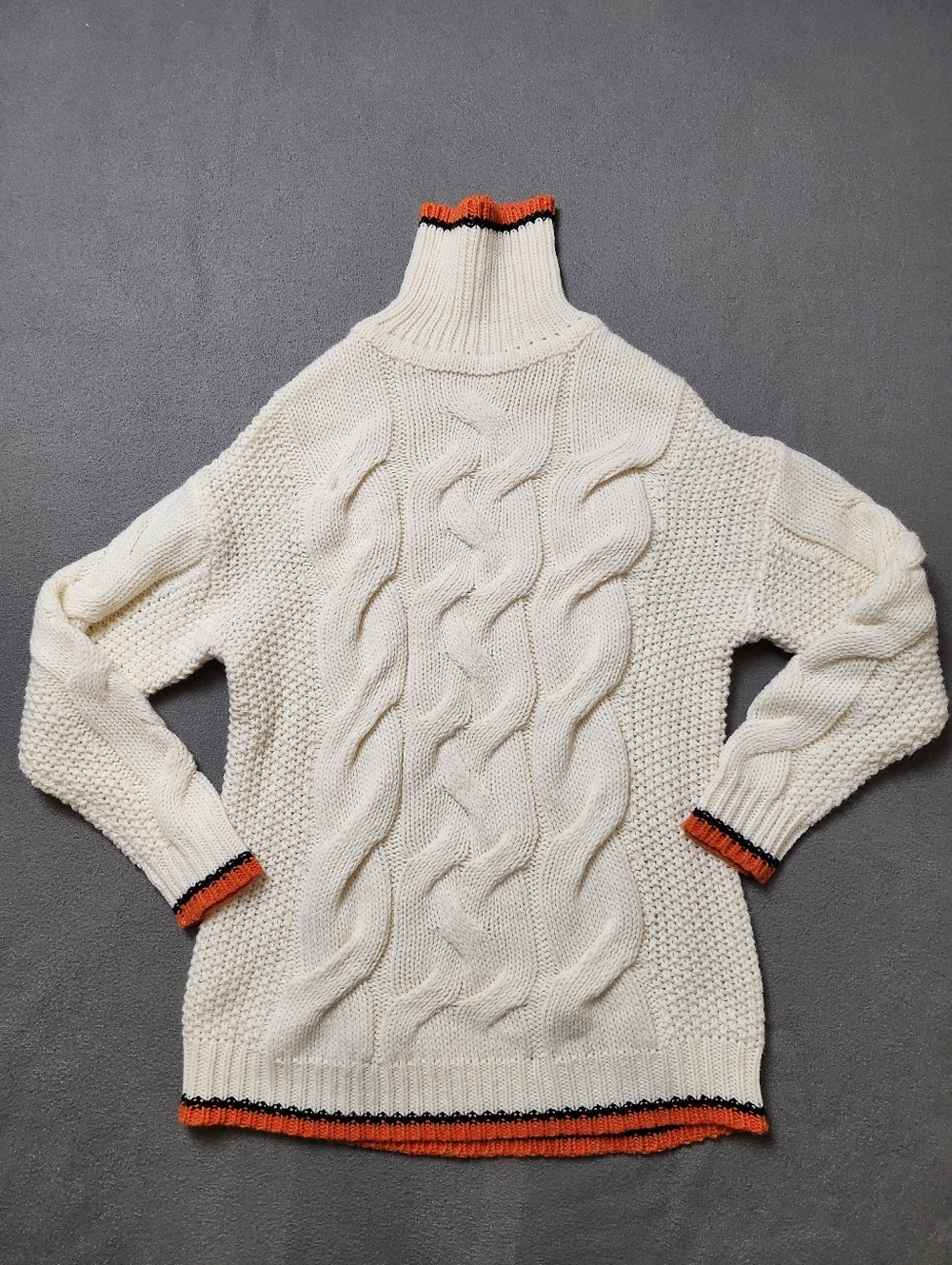Peacebird Cream Cable-Knit Turtleneck Sweater with Orange Trim Wool Blend